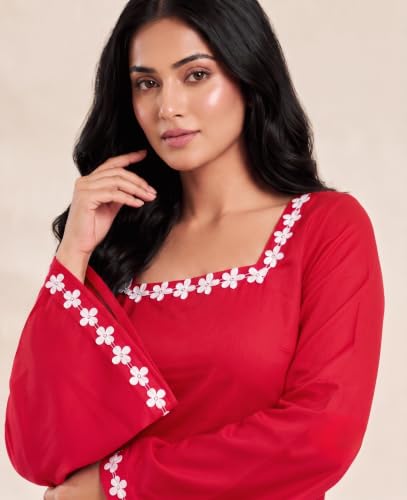 Image of MAHIRA'S Comfort Women's Short Kurti, Rayon Tunic Top with 3 /4 Embroidered Designer Sleeves | Soft Breathable Fabric | Office & Casual Kurti for Jeans, Leggings & Trousers