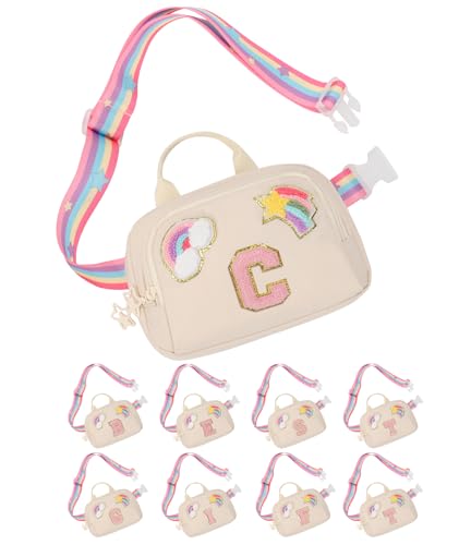 Fanny Pack for Girls, Cute Purse for Girls Teens Crossbody Bag for Kids Belt Bag With 2 Compartments Trendy Stuff Graduation Birthday Gifts for 4 5 6 7 8 9 10 11 12 13 Years Old Beige Initial C