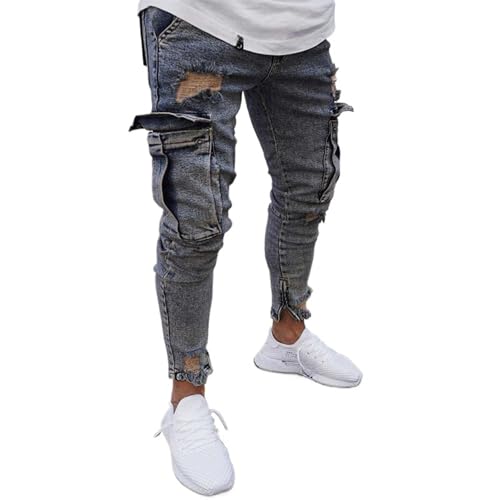 Men's Skinny Side Striped Jeans Slim Fit Stretch Tapered Leg Denim Pants Lightweight Cargo Multi Pockets Jean