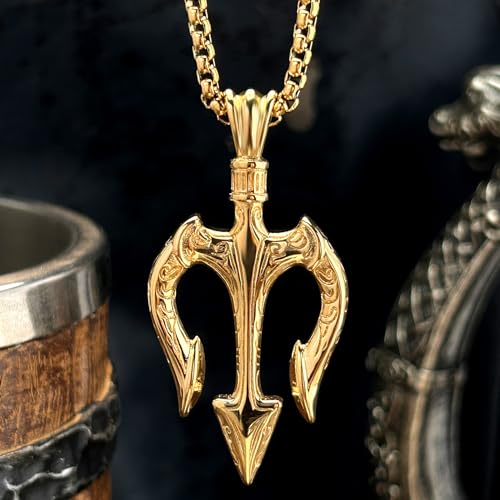 bahamut Neptune Poseidon Trident Weapon Protection Necklace for Men,Greece Amulet Gold Pendant Stainless Steel Chain Jewelry2