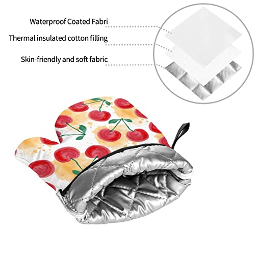 Oven Mitts And Pot Holders 4Pcs Sets Cherry Fruit Print High Heat Resistant Oven Mitts With Oven Gloves And Hot Pads Potholders For Kitchen Baking Cooking Grilling Non-Slip Cooking Mitts #TOP7