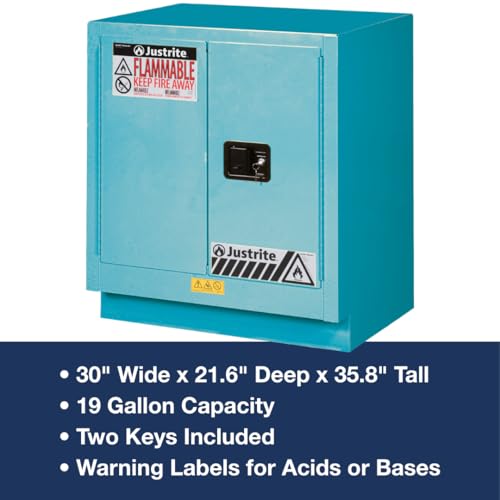 Image of Justrite Acid Corrosive Storage Cabinet - 19 Gallon 2 Door Self Close Chemical Storage Cabinet with ChemCor Coating - 22 inch x 36 inch x 30 inch - Made in The USA - Light Blue - 8831222
