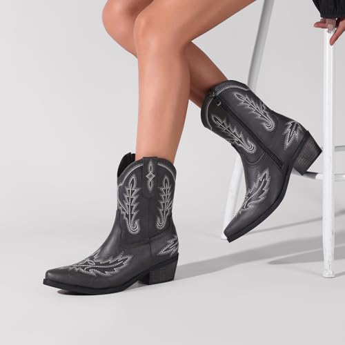 Image of Rhinestone Ankle Cowboy Boots for Women Embroidered Short Cowgirl Boots with Low Heel Side Zipper Comfortable Chunky Heel Western Booties for Prom Party Wedding Pull On Shoes