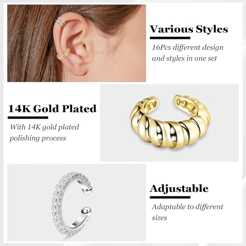 REVOLIA 16Pcs 14K Gold Plated Ear Cuff Earrings for Women Non Piercing Ear Cuffs Clip Cartilage Helix Earrings Fake Earrings Adjustable Wrap Ear Jewelry Set4