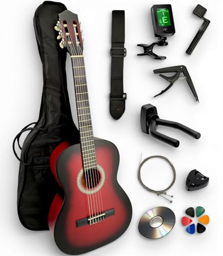 AMBRE - Pack Guitare Classique Enfant 3/4 (8-12 ans) Droitier + 10 Accessoires + CD & Cours Vidéo – Cordes Nylon – Prime 24h (Rouge, 3/4, Droitier)