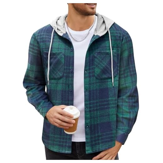 COOFANDY Jaqueta masculina de flanela com capuz, xadrez, manga comprida, abotoada, casual, leve, para outono, Xadrez azul-marinho e verde, G