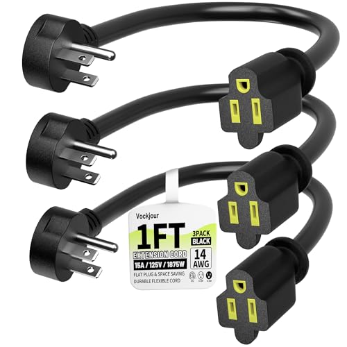 Vockjour 1 FT 3 Pack Black Short Low Profile Flat Plug 14 Gauge Heavy Duty Extension Cord, 14AWG 3-Wire Grounded Appliance Extension Cord, 15A/125V/1875W SJTW ETL Listed Power Cord