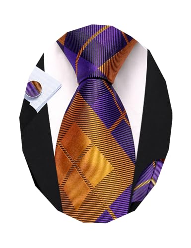 Image of Barry.Wang Tie Sets for Men Plaid Necktie Set Woven Pocket Square Cufflinks Handkerchief Cufflinks Party Wedding, Prussian Blue Orange