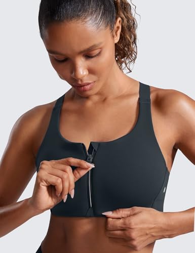 Image of CRZ YOGA Zip Front Cross Back Sports Bras | Molded Cups, Medium to high Support, Training, Adjustable Convertible Straps, Hook and Eye, for Women