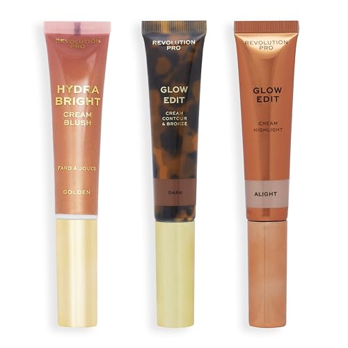 Trío de Varitas Cremosas para el Rostro Revolution Pro, Set de Maquillaje en Crema para Contorno, Colorete e Iluminador, Vegano y Sin Crueldad, Oscuro, 1x12ml, 2x15ml