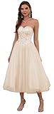 Likedpage Tea Length Tulle Prom Dress, Strapless Sweetheart Beaded Ball Gown ZC1 Champagne US26W