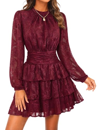 Image of Wenrine Womens Long Sleeve Mini Dress Floral Tiered Smocked Party Dresses | Cut Out, High Waist, Ruffle Design, Boho Style, Button Back, Night Out, Fall Winter