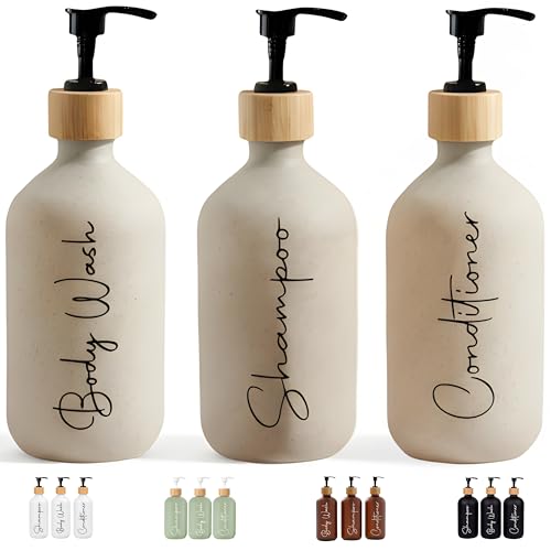 Imagen de FCINNOVA Dispensador Jabon Baño Beige 500ml Set de 3 Botes para Gel y Champu Acondicionador + Embudo para Rellenado Este Dosificador Jabon Baño es Elegante practico y mantendra su Ducha ordenada