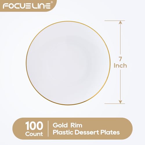 FOCUSLINE 100 Count Gold Plastic Plates 7 Inch, Disposable Heavy Duty Salad Dessert Plates, Premium Hard Plastic Plate Disposable with Gold Rim for Wedding Parties by FOCUSLINE - Image 7