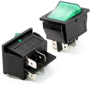 DPST ON Off Rocker Switch Neon Light AC 10A 250V 20A 125V 2 Pack | DPST rocker switch, green neon, 10A 250V/20A 125V, 27x21mm mount, black/green.