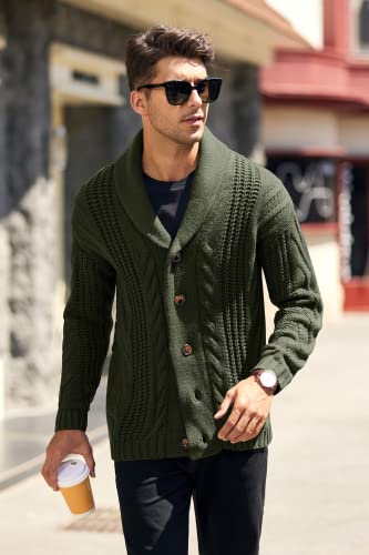 Karlywindow Mens Cable Knit Cardigan Sweater Shawl Collar Loose Fit Long Sleeve Casual Cardigans Army Green #TOP1