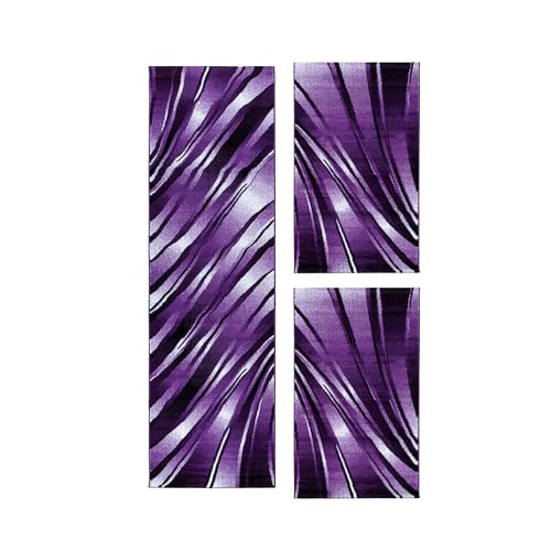 HomebyHome Alfombra Alrededor de la Cama Pila Corta Diseño de Ondas abstractas Dormitorio Suave Rectangular 3 Partes de Corredor Púrpura, Juego de Cama:2X 80x150 + 1x 80x300 cm
