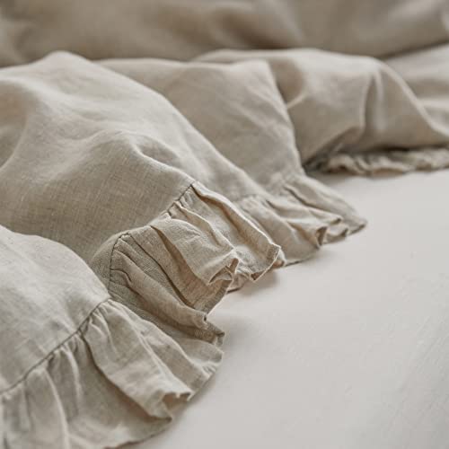 Simple&Opulence 100% Washed French Linen Duvet Cover Set-104''X92'' King Size-3 Pieces Vintage Ruffled Farmhouse Bedding 1 Comforter Cover 2 Pillowshams High End Floral Frill Flax Sets,Natural Linen #TOP7