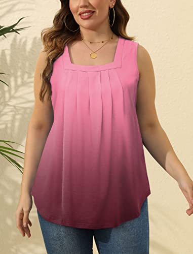 Image of Saloogoe Summer Tank Tops for Women Loose Fit Pleated Square Neck Sleeveless Tops Curved Hem Flowy