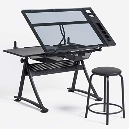 WQZzjm Zeichentische Neigbarer Zeichentisch, Verstellbarer Kunstschreibtisch, Mit Aufbewahrungs-Basteltisch, Zeichentisch-Glasplatte, Zeichenschreibtisch für Kinder und Erwachsene