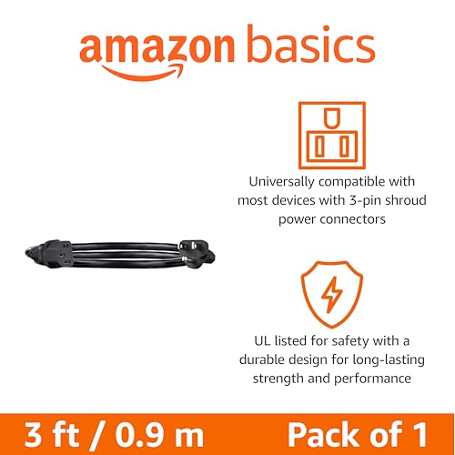 Image of Amazon Basics PC Power Cord, 3 Feet, 3 Prong AC Power Cord for Monitor, Computer, TV, 18 AWG, 125 Volts, Black