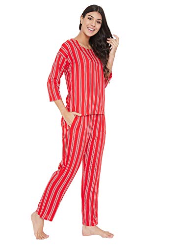 Image of Clovia Women's Cotton Sassy Stripes Top & Pyjama Set