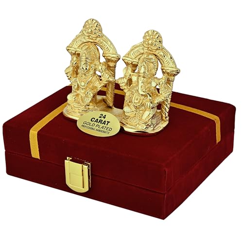 Image of 24K Gold Plated Brass Laxmi Ganesh Idol, Handicraft God Statue for Home Temple Office & Pooja, Murti for Mandir & Decor Diwali Gift, Wedding Anniversary & Corporate Gift, Housewarming- 3 inch, 400gm