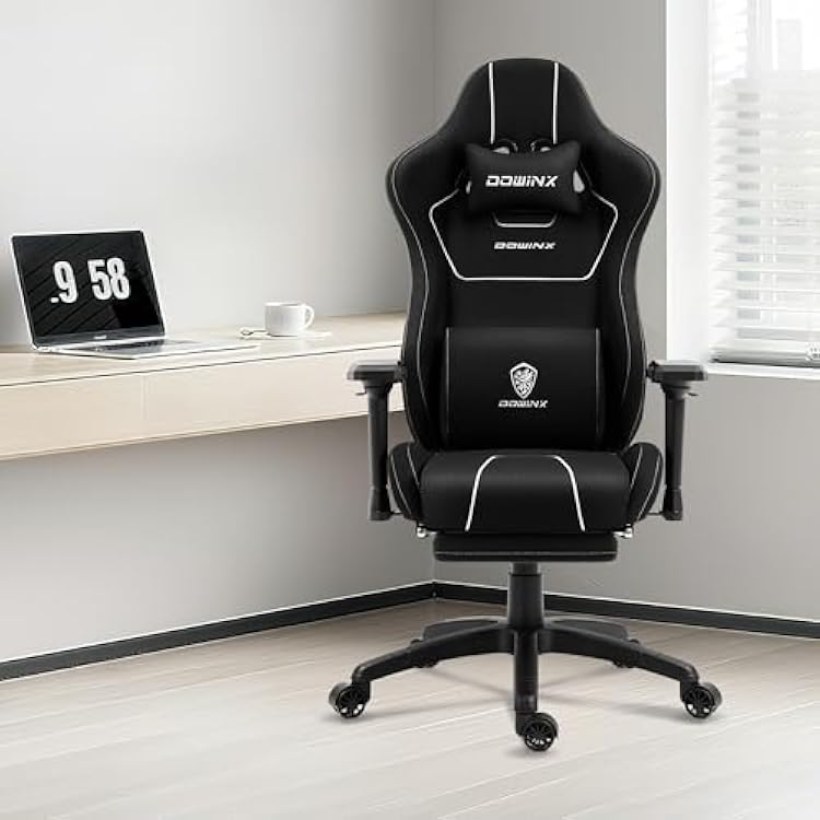 Dowinx Gaming Chair with Massage Lumbar Support Footrest, Fabric Computer Gamer Chair with Pocket Spring Cushion Adjustable Comfortable Game Office Chair 300lbs for Adult Teens Black