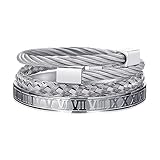 WFYOU 3PCS Stainless Steel Imperial Crown Bracelets for Men Gold Roman Numeral Bangle Bracelet Adjustable Cuff Bracelet Mens Luxury Jewelry Gifts (09:Silver- Square)