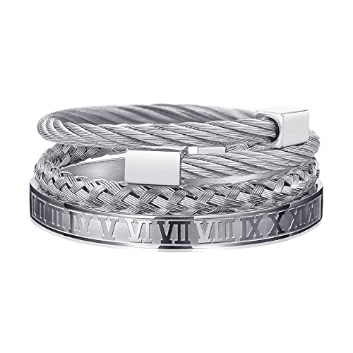 WFYOU 3PCS Stainless Steel Imperial Crown Bracelets for Men Gold Roman Numeral Bangle Bracelet Adjustable Cuff Bracelet Mens Luxury Jewelry Gifts (09:Silver- Square)