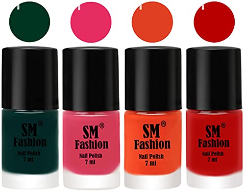 Image of Nail Polish Combo Set (Pack of 4) Quick Dry Gel Finish Nail Paint | Dark Green,Dark Rose Pink,Reddish Orange ,Red | 7 ml Each