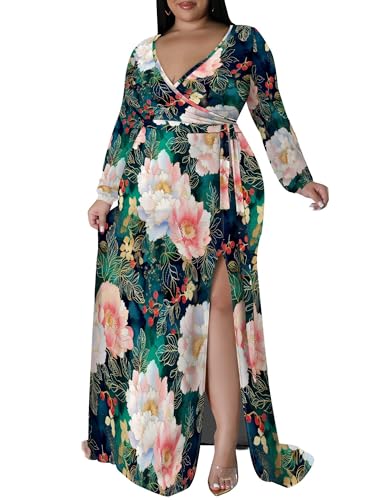 Image of PinkPatty Women's Plus Size Long Sleeve Maxi Dress Casual V Neck Slit Tie Waist Wrap Dresses for Party Cocktail