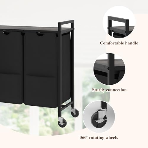 3-Section Laundry Hamper with Shelf, Pull-Out Removable 12.8 gal(48L) Bags, Metal Frame Laundry Sorter Movable Wheels and 3 Compartments, Grey Board, Black by GarveeHome - Used condition - Image 5