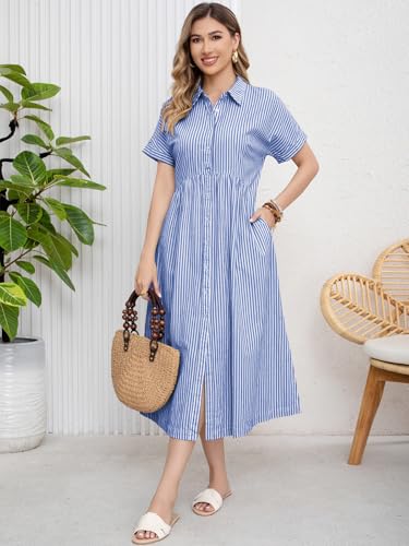 ebossy Women's Boho Striped Shirt Dress Button Up Side Slit Loose Mid Long Cotton Dress with Pockets3