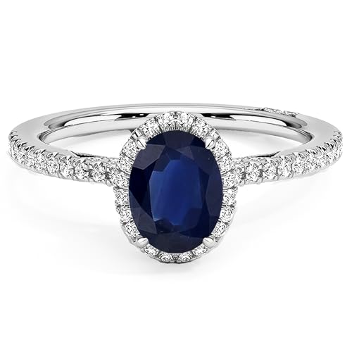 1 Carat Oval Cut Blue Sapphire & Diamond Halo Engagement Ring For Women, 14K White Gold Plated 925 Silver September Birthstone Bridal Side Stone Ring