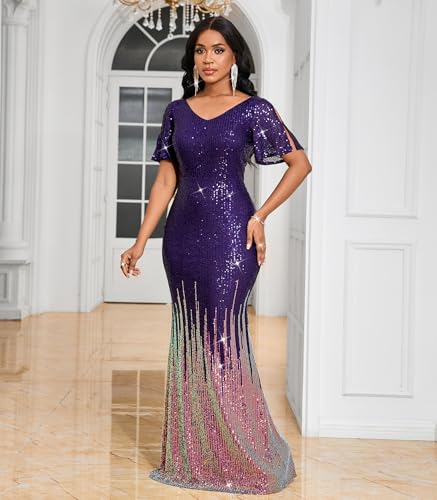 Image of Cololura Women Sexy Elegant Sequin Short Sleeve Party Bodycon Maxi Dress Cocktail Evening Gown Formal Dresses