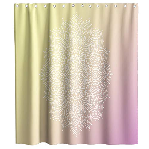 Duschvorhang mit Blumenmuster, bunt, abstraktes Mandala-Blumen-Thema, Badezimmer-Dekor-Set mit 12 Haken, wasserdichter Stoff, waschbar, Gelb, Weiß und Violett (70 W x 80 H) Cover