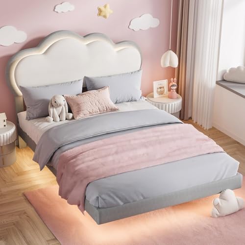 Artswish Lit Enfant Capitonné 140x200 cm avec Tête de lit Nuage Réglable, Éclairage LED RGB, Cadre de lit avec Espace de Rangement, Housse en Velours, Gris-Blanc...