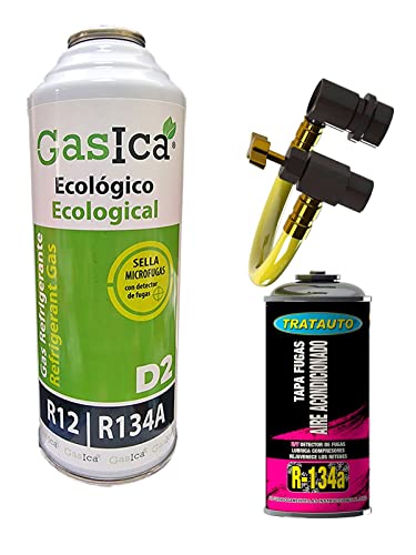 Petroline Gasica D2 226g. (Pack Gasica + Tapafugas Tratauto) Botella Refrigerante Orgánico Ecológico Sustituto del R12 y R134A para Recarga de Aire Acondicionado Coches