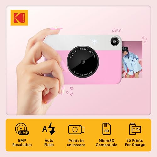Image of Kodak Printomatic Full-Color Instant Print Digital Camera - 75 Sheets Bundle - Prints On Zink 2x3 Sticky-Back Photo Paper - 5MP, Portable, Creative Fun Gift for Birthday, Christmas, Holiday - Pink