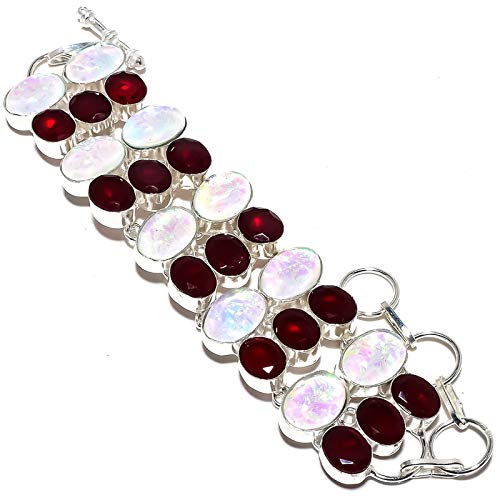 Bracelet opale blanche quartz grenat rouge bijoux fait main pour femme plaqué argent sterling