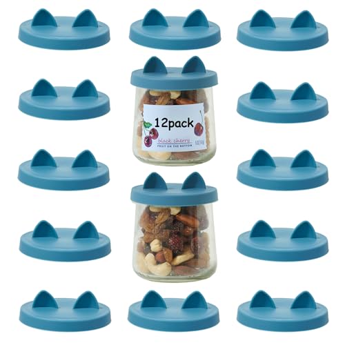 Wingcases Oui Yogurt Jar Lids Silicone - 12 Pack Dark Blue Patent Authorised Design for 5 Oz Oui Yoghurt Glass Jars, Lids Only, Leakproof, Reusable, Food-Grade, Cute