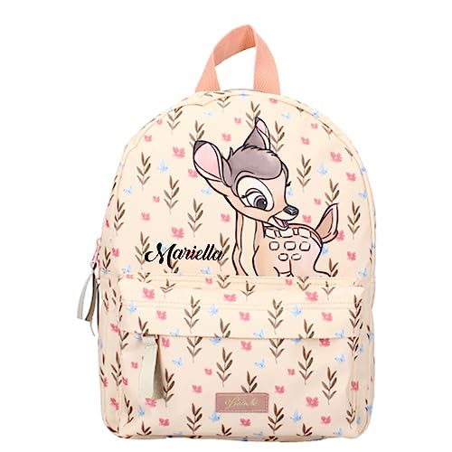 Personalisierter Kindergarten-Rucksack Disney Bambi mit Name Mädchen | Kleiner Rucksack Kinder Beige mit Blümchen
