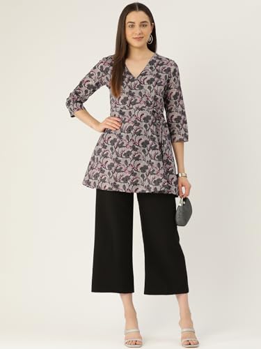 Image of feranoid Floral Print Angrakha 3 Sleeves Flared Kurti