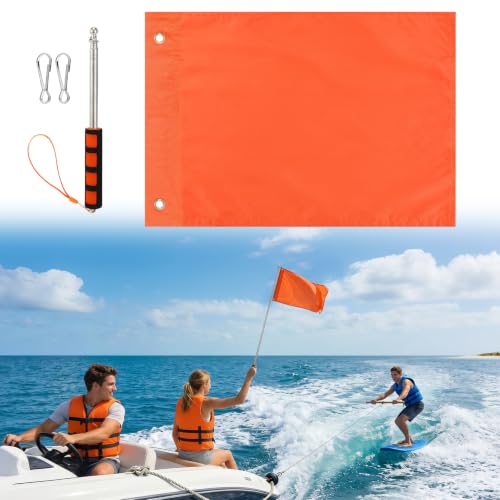 Orange Boat Flag with Telescoping Flag Pole - 12x18 Water Ski Flags 47 Adjustable Handheld Flagpole with Comfortable Foam Grip Boat Safety Equipment Accessories for Watersports Kayak