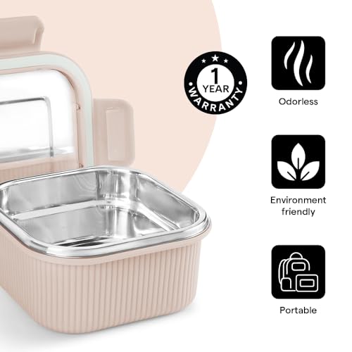 Image of Larah by BOROSIL Freshbyte Food Storage Container with Airtight Stainless Steel Lid | Fridge Container for Lunchbox | Food Grade | Microwave Safe (Beige, 400 ml, Square)