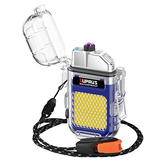 SUPRUS Mechero eléctrico resistente al agua, 3 modos, linterna a prueba de viento, doble arco, recargable, encendedor de plasma de doble arco con silbato de supervivencia y correa para el cuello