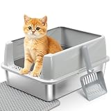 FUTAM Stainless Steel Litter Box with Lid, Metal Litter Box for Kitten, Low Entry Litter Boxes with Scoop and Mat,Non-Stick,Anti-Leakage,Easy to Clean Litterbox for Small to Medium Cats