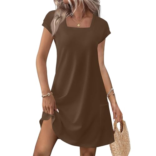 Kenvina Women's Summer T-Shirt Dress with Pockets, Brown, S