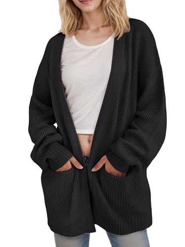 Jhsnjnr Womens Oversized Knit Cardigan Coat Long Lantern Sleeve Open Front Sweater Chunky Knitwear Black